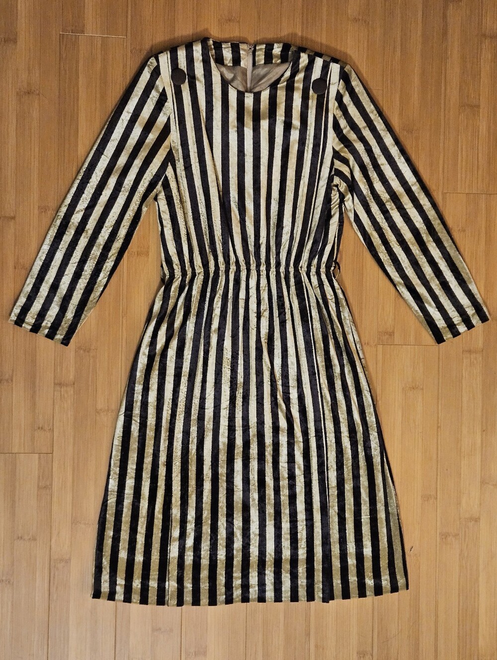 Striped Metallic Black and Gold Long Sleeve Velour Vintage Dress